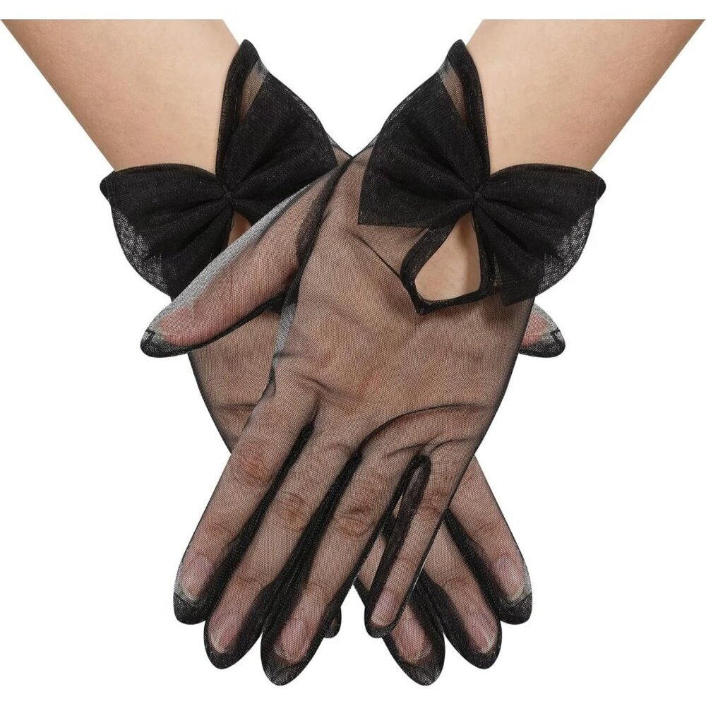 Women's Bow Black Evening Sheer Tulle Short Length Gloves Wrist Tea Party Prom